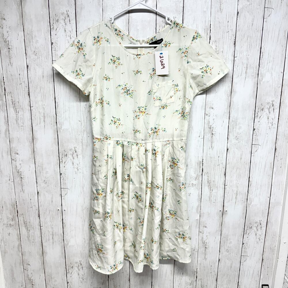 Aqua Dress Women Size Small White Floral Round Neck‎ Short Sleeve Midi Cottage